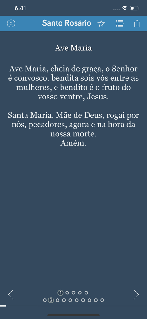 Interface of the Pocket Terco app showing the Hail Mary prayer in Portuguese with digital rosary beads at the bottom