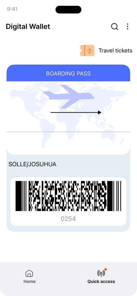 Credit Card : Wallet & NFC - Pantalla de la aplicación de billetera digital que muestra una tarjeta de embarque almacenada con un código de barras para viajar.