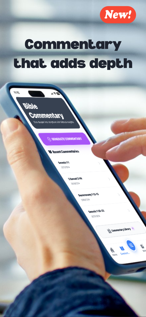 Sermon Assist - Una persona usando la aplicación Sermon Assist para generar comentarios bíblicos en su teléfono inteligente
