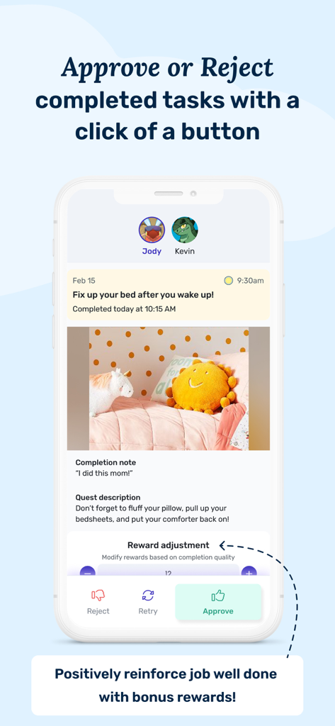 Joon: Kids ADHD Chore Tracker - Joon app parent interface for approving completed chores and adjusting rewards.