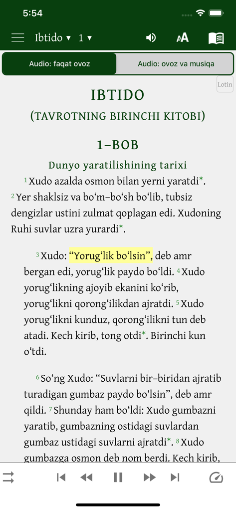 The Muqaddas Kitob app interface displaying Genesis chapter one in Uzbek Latin script with audio playback controls.