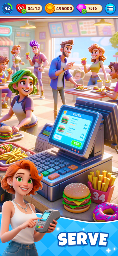 A female chef serving burgers and donuts to customers in a vertical screen restaurant game.