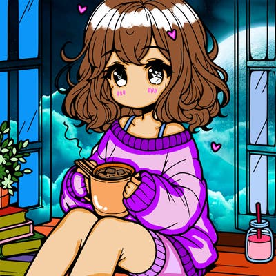 cute anime girl reading book and drinking hot chocolate from mug with loose wavy hair wearing a baggy sweatshirt and shorts sitting by windowsill looking out