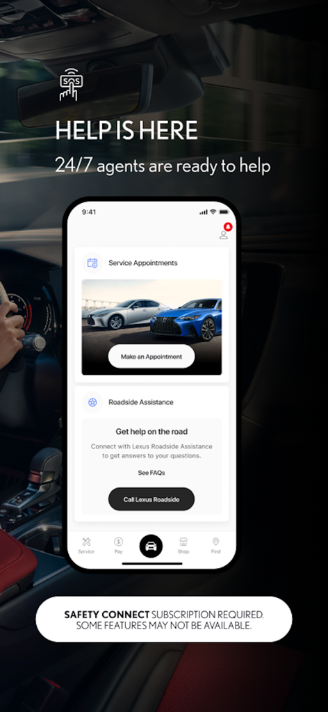 Lexus app screen showing options for scheduling service appointments and contacting roadside assistance