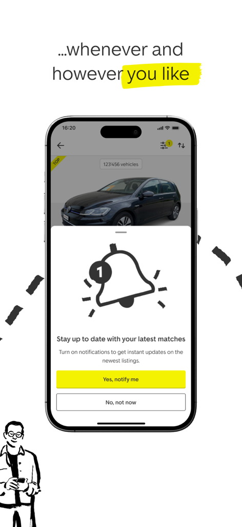 Invite de notification push dans l'application AutoScout24 pour les dernières correspondances de recherche de voitures