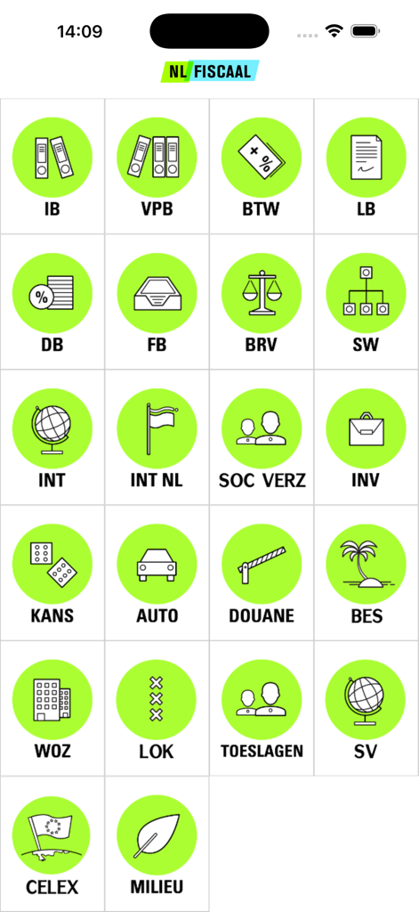 Wetten - Una griglia di icone che rappresentano diverse categorie di leggi fiscali olandesi e internazionali all'interno dell'app Wetten.