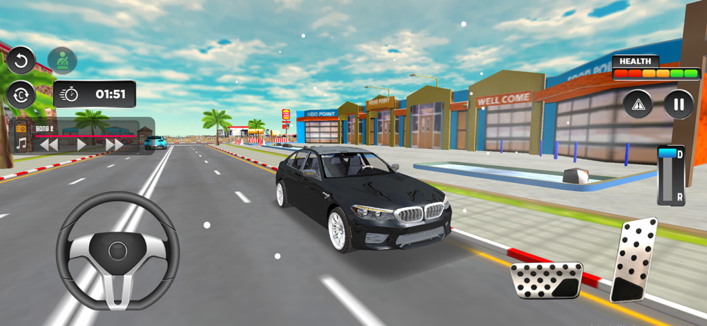 Gameplay des US Car Driving Simulator Spiels, das ein schwarzes Auto auf einer Stadtstraße mit Lenkrad- und Pedalsteuerungen zeigt