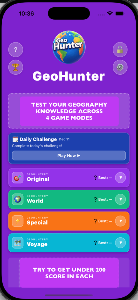 Menú principal de la aplicación GeoHunter que muestra múltiples modos de juego de geografía, incluyendo Original, Mundial, Especial y Viaje, junto con el Desafío Diario.