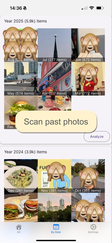 Dedup - Dedup app interface showing photo library organized by year and month with a prompt to scan and analyze past photos