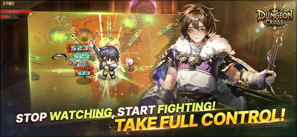 Dungeon Cross - Relic Hunter - Captura de tela da jogabilidade de Dungeon Cross Relic Hunter mostrando habilidades de combate do personagem e texto de controle estratégico