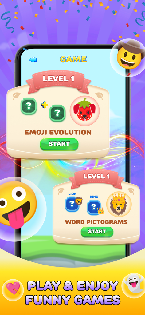 Emoji Merge - Fun Emoji Game - Spielauswahlbildschirm in Emoji Merge mit den Levels Emoji Evolution und Word Pictograms mit lebendigen Grafiken.