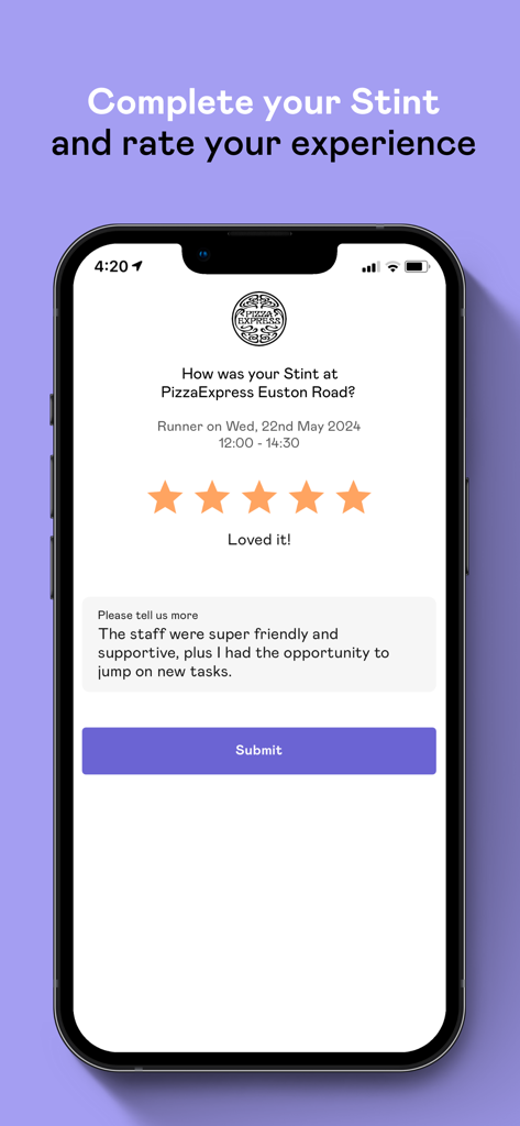 Interface de aplicativo móvel do Stint Students mostrando uma avaliação de cinco estrelas e formulário de feedback para um turno concluído