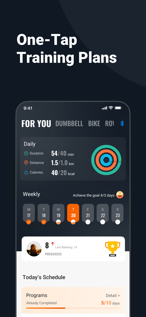 FED Fitness app interface showing daily activity goals and personalized training plans