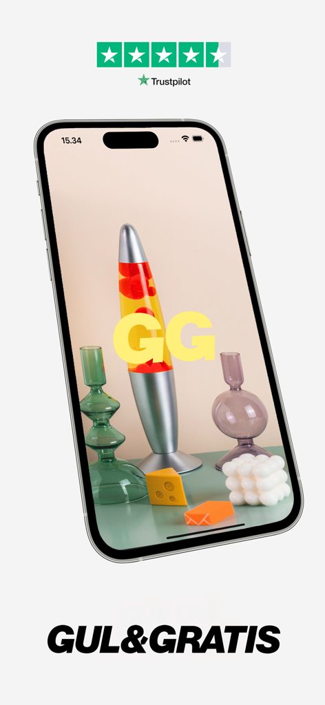 GulogGratis marketplace app launch screen on a smartphone with a Trustpilot rating above it