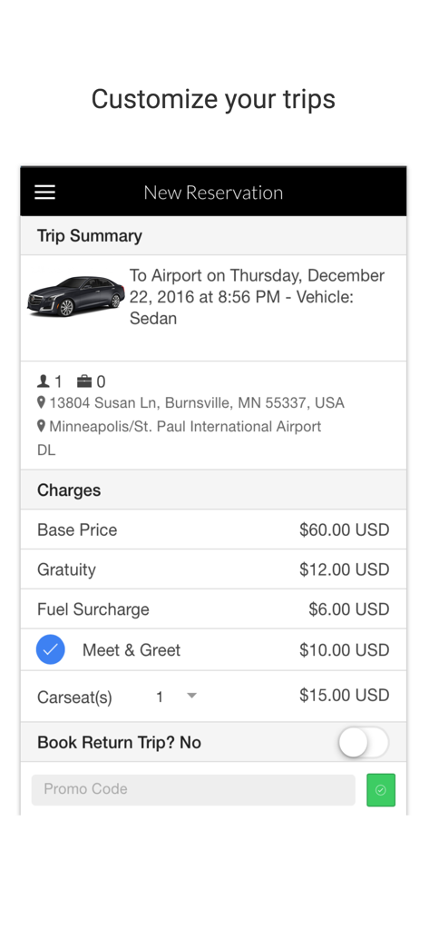 Tela de resumo de reserva mostrando detalhes da viagem e cobranças para um traslado de aeroporto em sedã