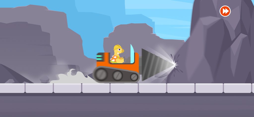 A dinosaur character in a yellow construction hat operating a mechanical drill truck to break through a rock wall in an educational game.