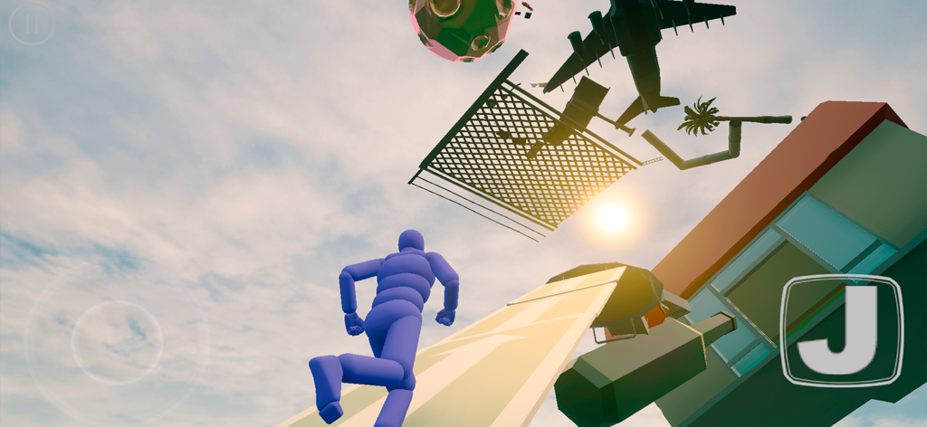 Ragdoll 3D - Parkour Adventure - A blue ragdoll character performs parkour in a surreal 3D environment with floating objects