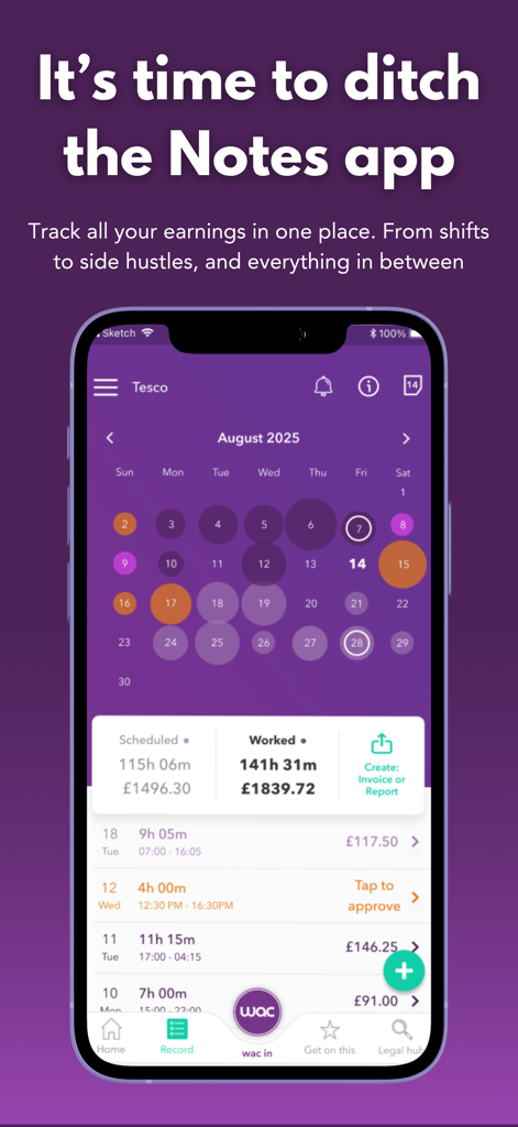 wac - shift & earnings tracker - Smartphone screen displaying the wac shift and earnings tracker app with a monthly calendar and earnings summary.