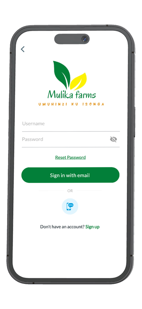 Murika - Schermata di accesso per l'app del mercato agricolo Murika