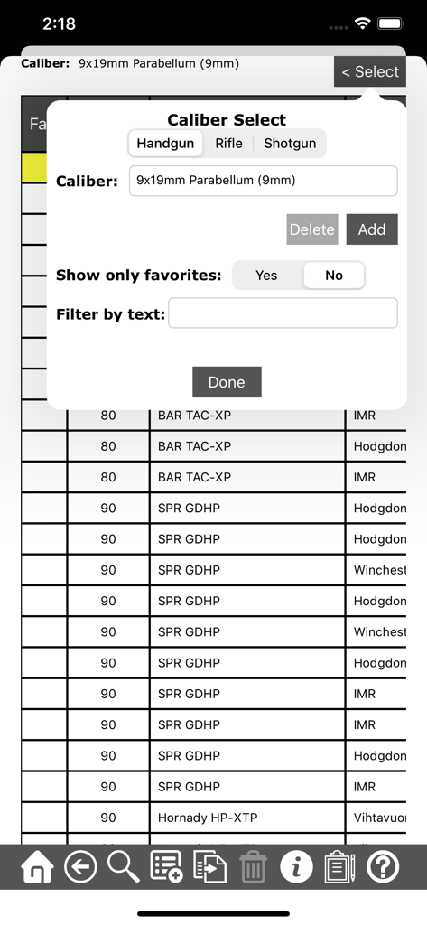 A screen from the Reloading Assistant app showing a caliber selection popup over a list of ammunition recipes