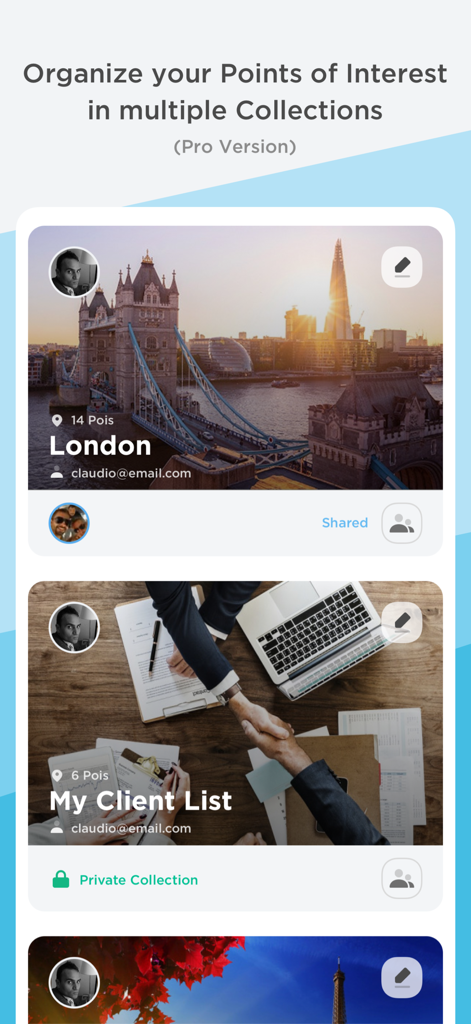 Pantalla de la aplicación PlaceMapper mostrando colecciones de puntos de interés profesionales y personales