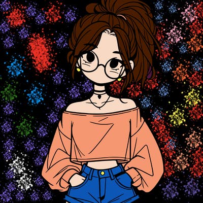 girl with a messy ponytail glasses a baggy crop top and jean shorts