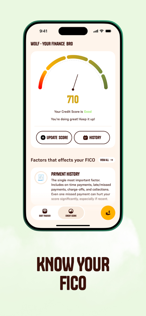 Bildschirm der mobilen App, der eine FICO-Kreditwürdigkeit von 710 und Faktoren für die finanzielle Gesundheit anzeigt