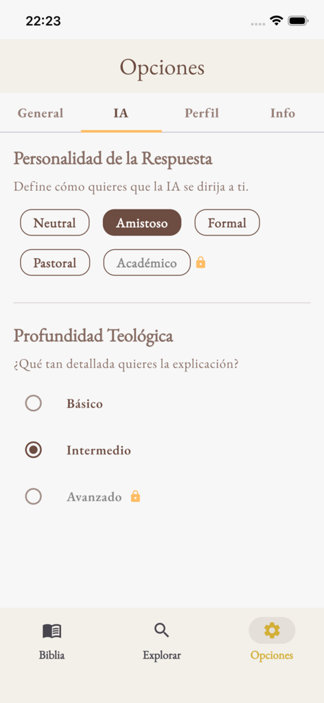 Tela de configurações do aplicativo Bibl-IA mostrando opções para personalidade da resposta da IA e profundidade teológica.