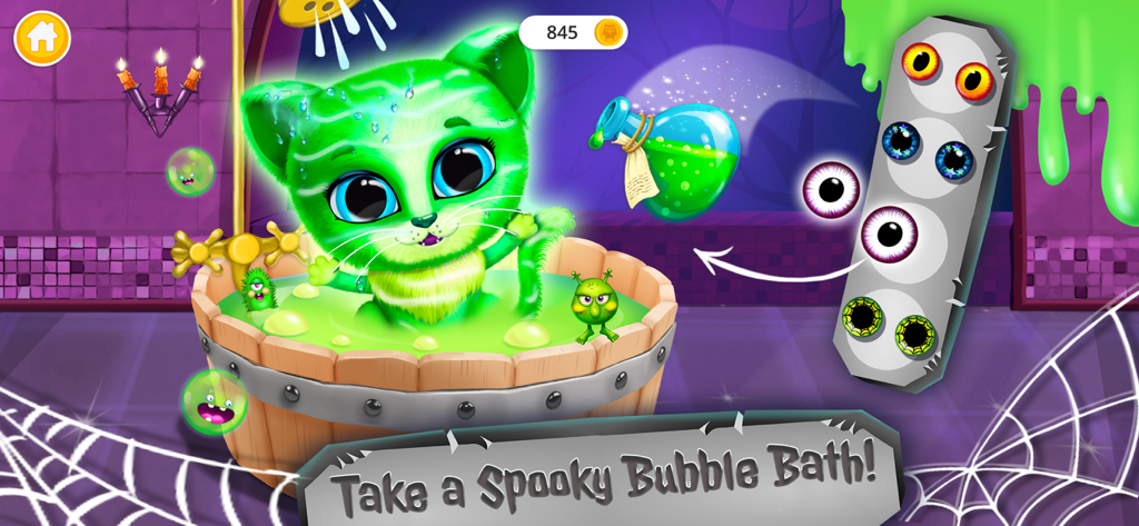 Kiki & Fifi Halloween Makeover - Green kitty Kiki taking a spooky green bubble bath in a Halloween pet salon game