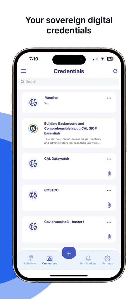 REM ID CREDENTIAL - A mobile interface for REM ID showing a list of sovereign digital credentials including vaccine records and professional certifications.