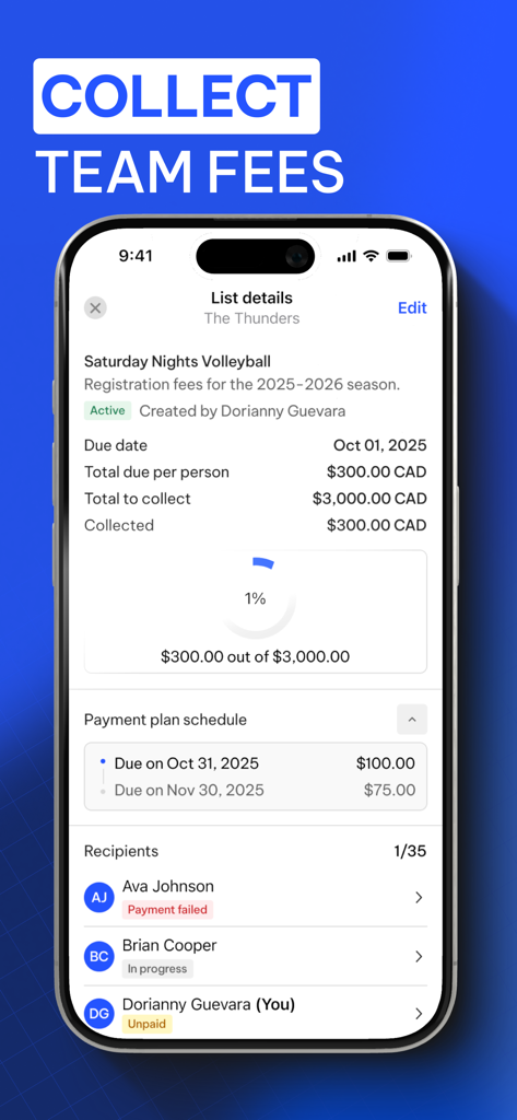 TeamLinkt app interface showing registration fee collection details and payment plan schedules for a sports team