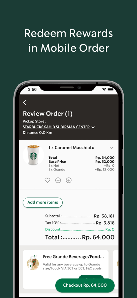 Pantalla de revisión de pedido de la aplicación móvil Starbucks Indonesia que muestra un caramel macchiato y una opción de canje de recompensas al finalizar la compra