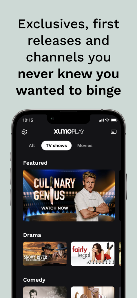Xumo Play app interface showing featured TV shows and drama categories