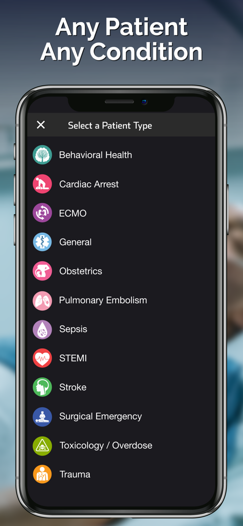 Pulsara: Medical Communication - Pulsara app interface displaying a menu of medical emergency types for patient coordination.