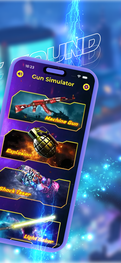 Gun Simulator app menu showing machine gun, grenade, taser, and lightsaber options.