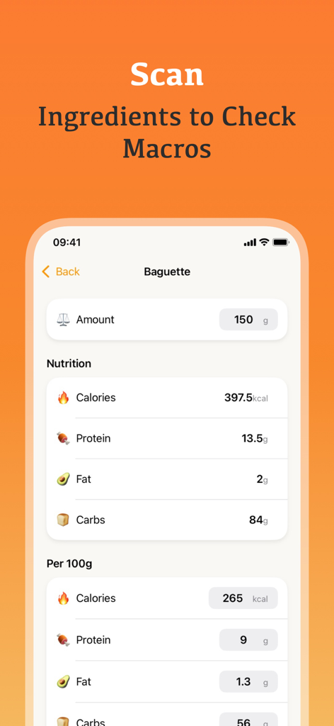 AI Calorie Counter Kalo app screen showing nutritional calories and macros for a baguette
