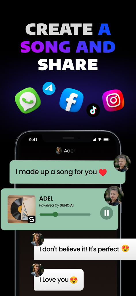 Pantalla de smartphone que muestra a un usuario compartiendo una canción generada por IA a través de chat con iconos de redes sociales arriba