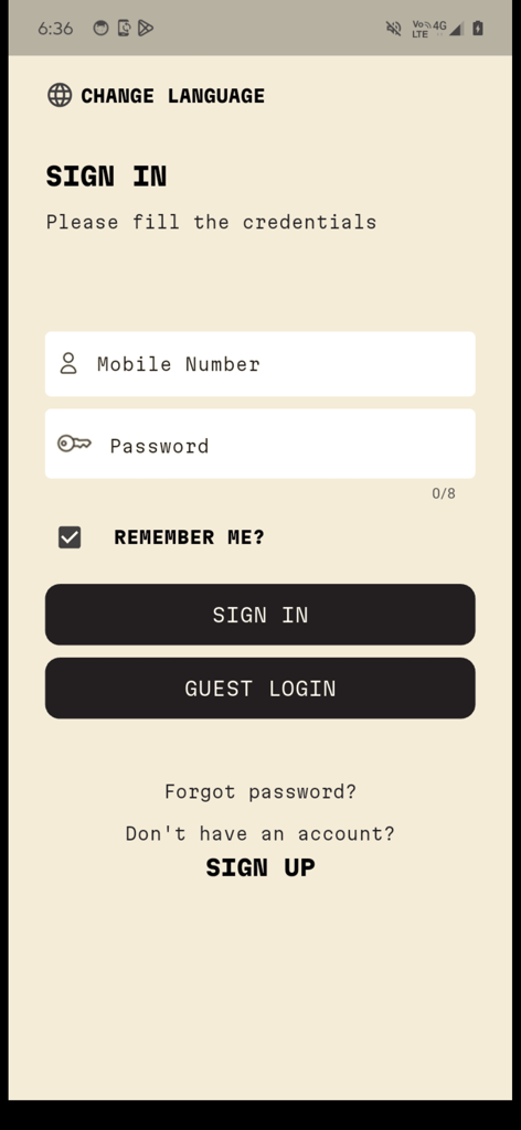 Flex Fitness - Flex Fitness app sign in screen with mobile number and password input fields
