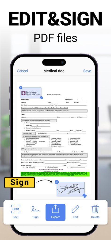 Photo to PDF Convert Scanner + - Interfaz de una aplicación móvil que muestra cómo editar y firmar documentos PDF