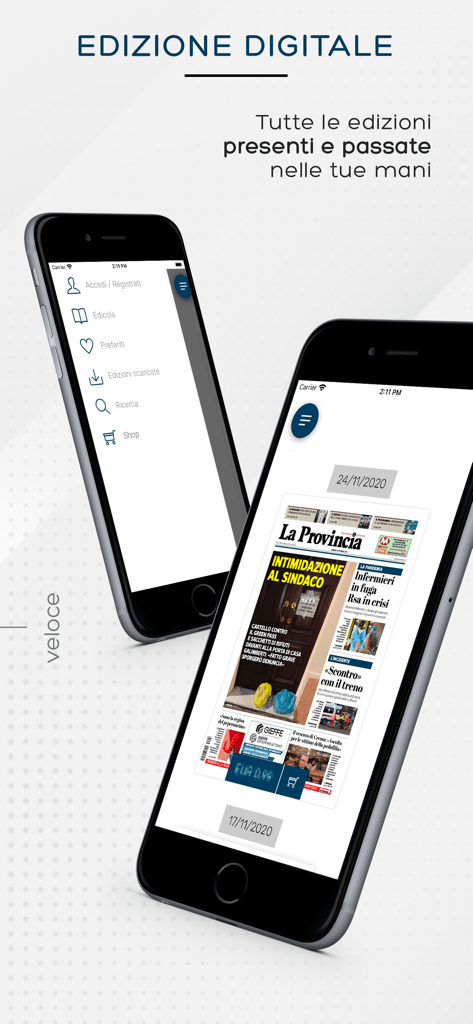 La Provincia di Cremona Crema - Two smartphones displaying the digital newspaper front page and side menu of the La Provincia di Cremona news app.