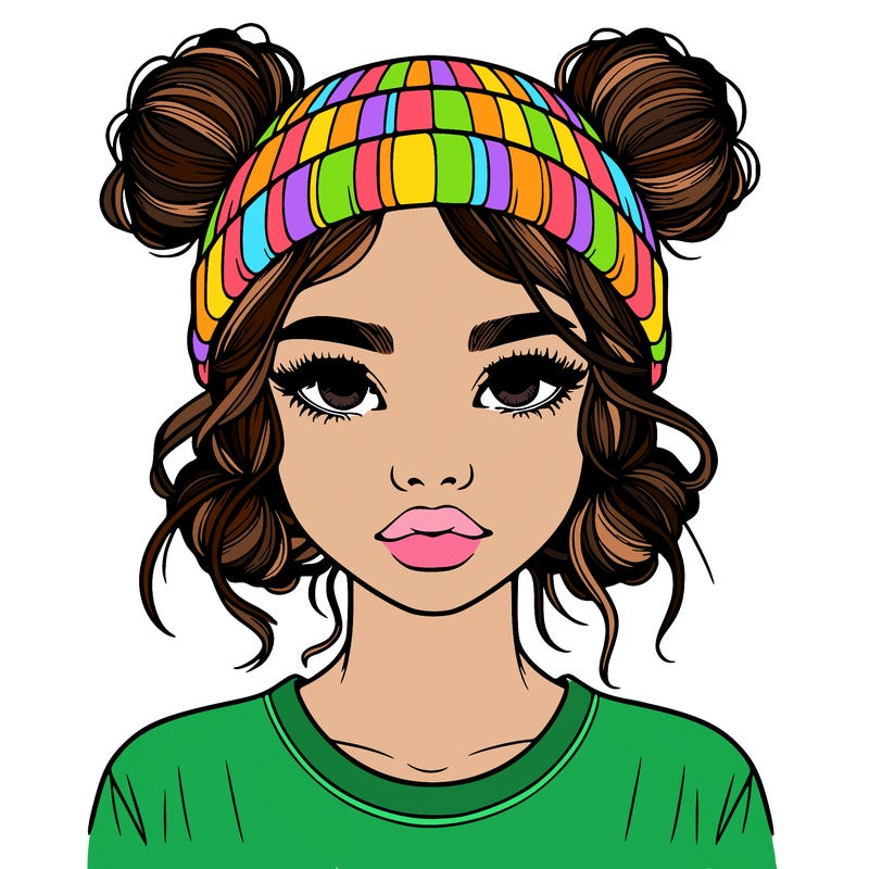 realistic girl with buns in her hair with a beanie on