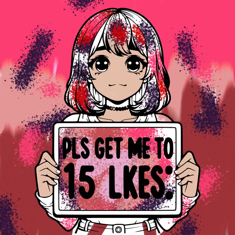 realistic girl holding up a sign that says “pls get me to 15 likes!”