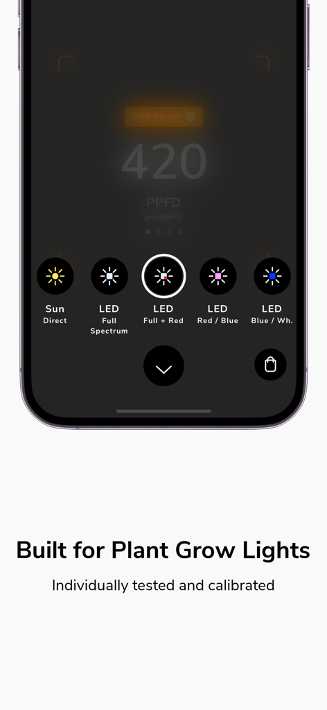 Photone - Grow Light Meter - Photone app interface showing a PPFD measurement of 420 and various LED light spectrum settings for plant growth.
