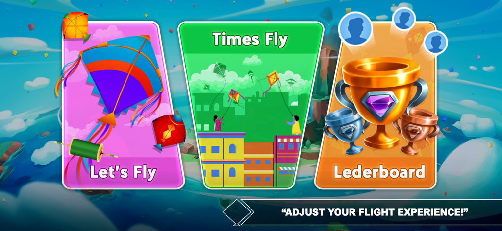 Main menu screen of Kite Flying Simulator featuring Let's Fly and Leaderboard game modes