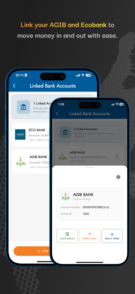 QCELL - Interface of the QCell app showing linked AGIB and Ecobank bank accounts for mobile money transfers