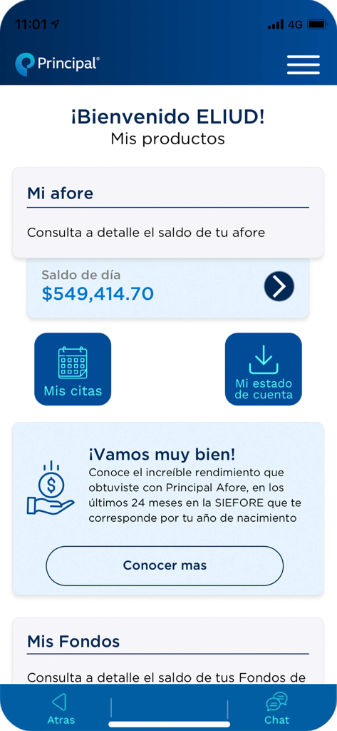 Principal® México - Captura de pantalla de la pantalla principal de la app Principal Mexico que muestra el saldo del fondo de jubilación y las opciones de cuenta