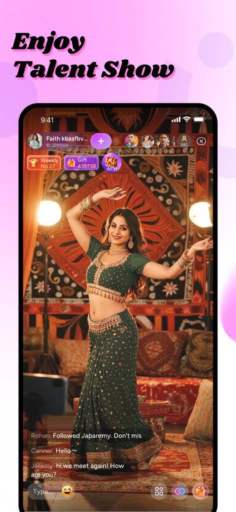 A live stream on the Tikko Live app featuring a woman performing a traditional dance talent show