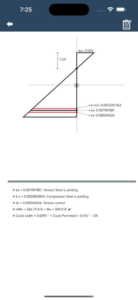 Diagrama de distribución de deformaciones y resultados de cálculos técnicos para una viga rectangular de hormigón armado