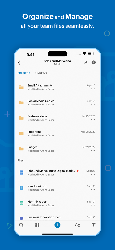 Zoho WorkDrive mobile app screen showing team folders and file management for sales and marketing.