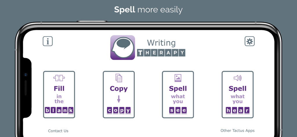 Writing Therapy - Home screen of the Writing Therapy app showing four spelling practice modes for adult speech therapy
